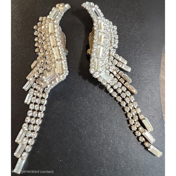 Vintage Rhinestone Dangling Baguette Clip On Earrings Long Ear Climbers Clear 4" - Picture 11 of 12